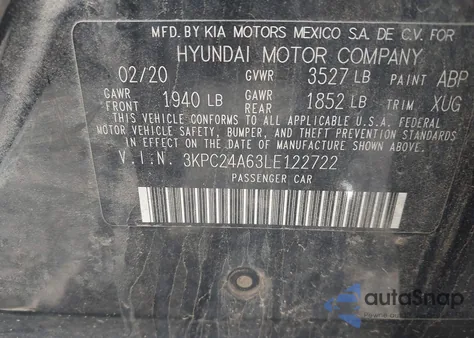 2020 Hyundai Accent Se z USA, uszkodzony, nr VIN 3KPC24A63LE122722